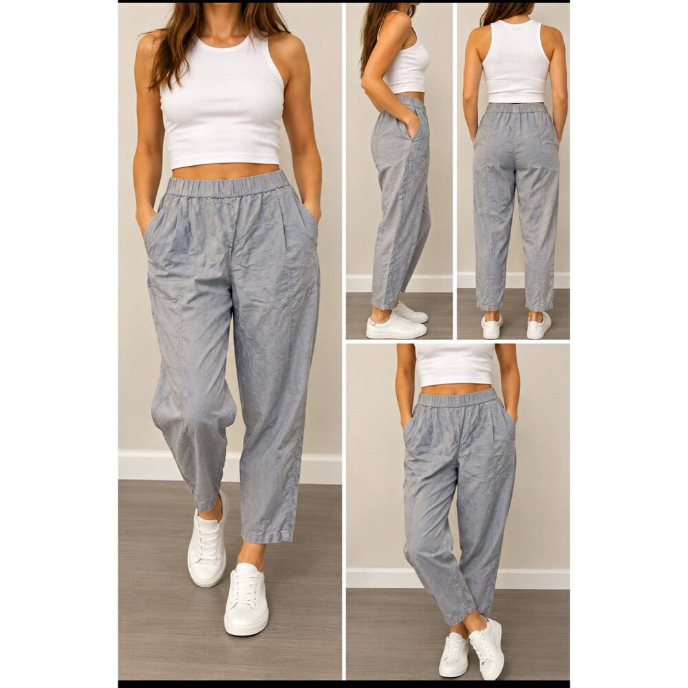 Eileen Fisher Women’s Gray Organic Linen Elastic Waist Pocket Ankle Pants Sz L